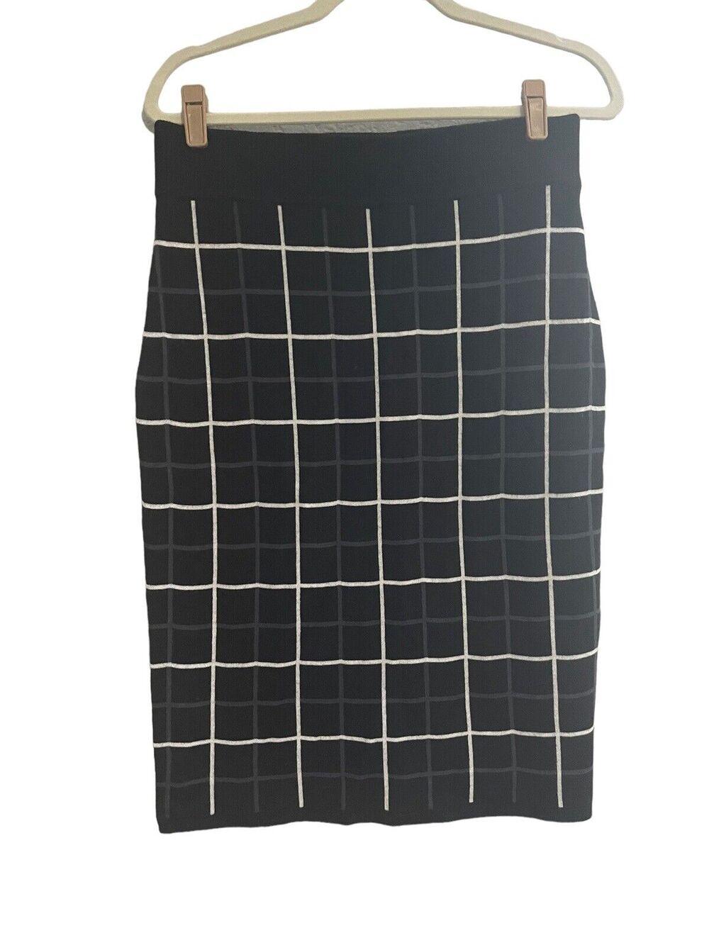 Halogen Nordstrom Medium Merino Wool Blend Black White Plaid Sweater Skirt #1229